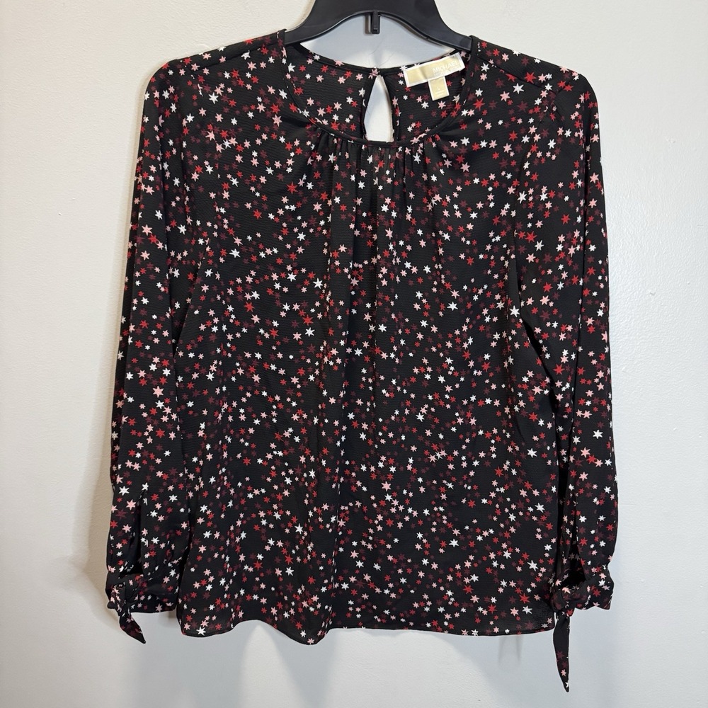 Michael Michael Kors Star Print‎ Blouse SZ L Black With Multi Colored Stars Top